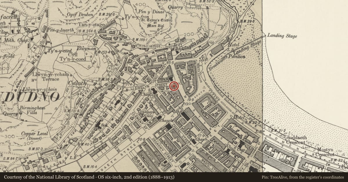 Ordnance Survey six-inch map, 2nd edition (1888–1913) covering the location of 3 Llewelyn Avenue, Llandudno, Conwy, with a pin at the register's coordinates