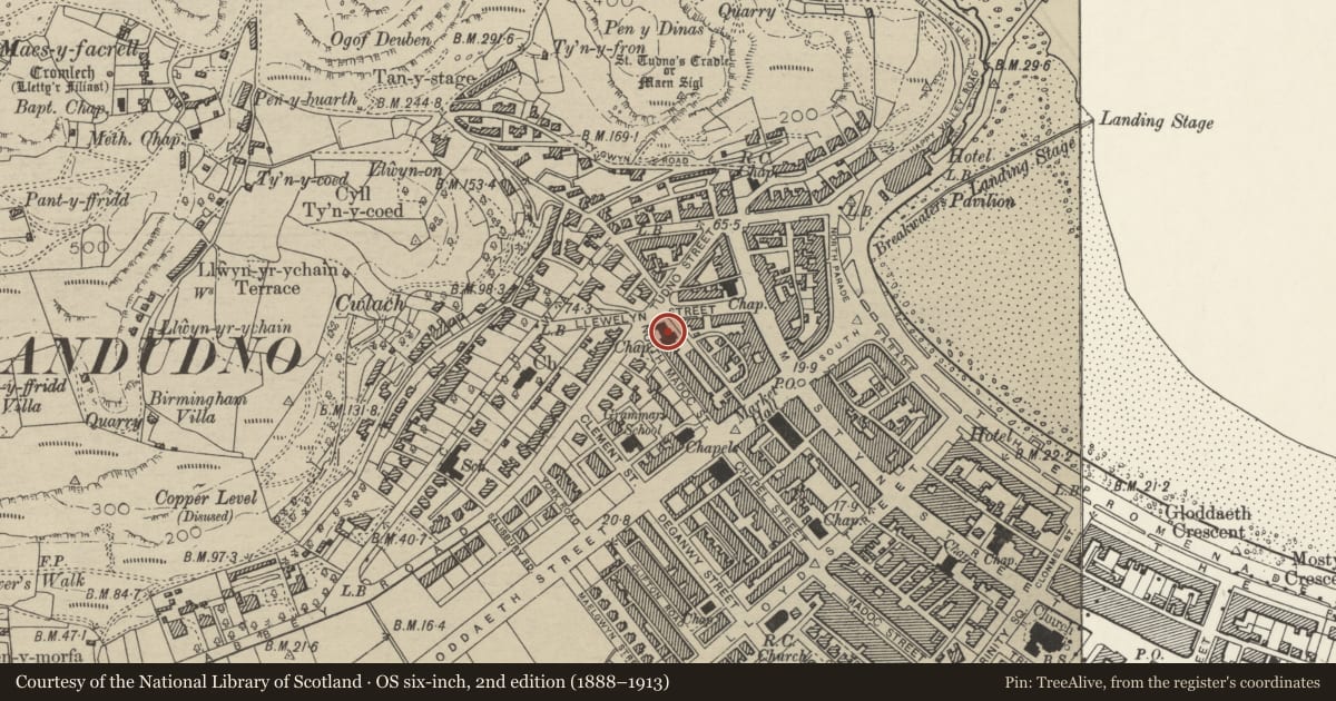 Ordnance Survey six-inch map, 2nd edition (1888–1913) covering the location of United Reformed Church (Christ Church) including forecourt walls, piers and gates, Llandudno, Conwy, with a pin at the register's coordinates