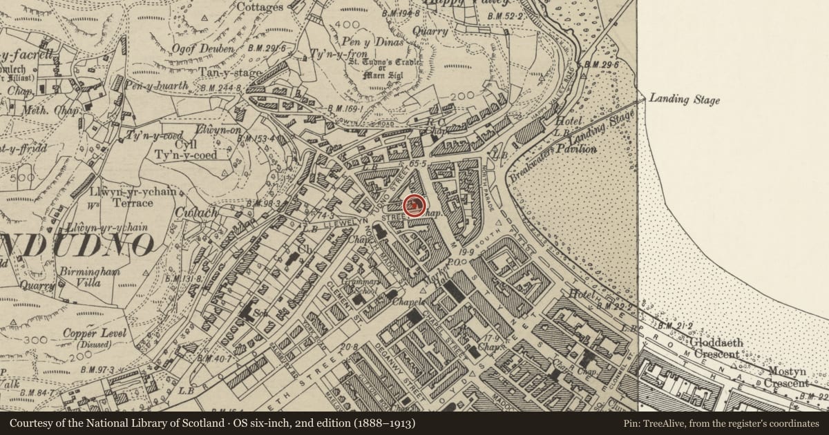 Ordnance Survey six-inch map, 2nd edition (1888–1913) covering the location of 2 Llewelyn Avenue, Llandudno, Conwy, with a pin at the register's coordinates