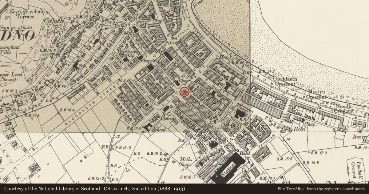 Ordnance Survey six-inch map, 2nd edition (1888–1913) covering the location of 21 Lloyd Street, Llandudno, Conwy, with a pin at the register's coordinates