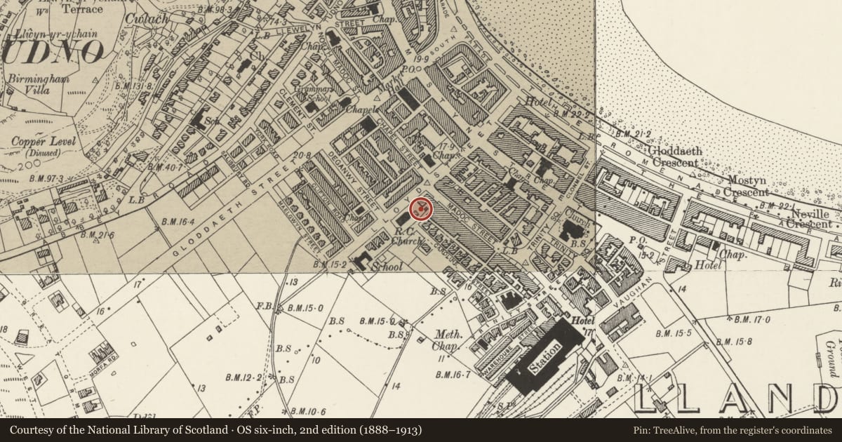 Ordnance Survey six-inch map, 2nd edition (1888–1913) covering the location of Plas Maelgwyn, Llandudno, Conwy, with a pin at the register's coordinates
