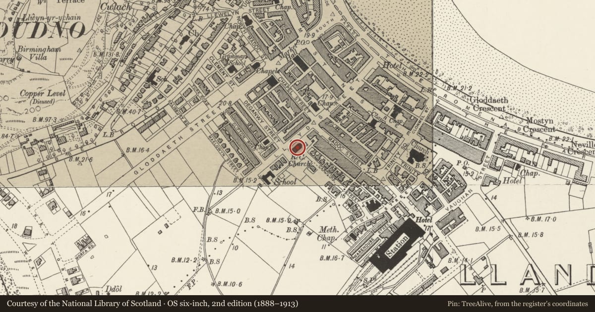 Ordnance Survey six-inch map, 2nd edition (1888–1913) covering the location of Roman Catholic Church of Our Lady Star of the Sea, Llandudno, Conwy, with a pin at the register's coordinates