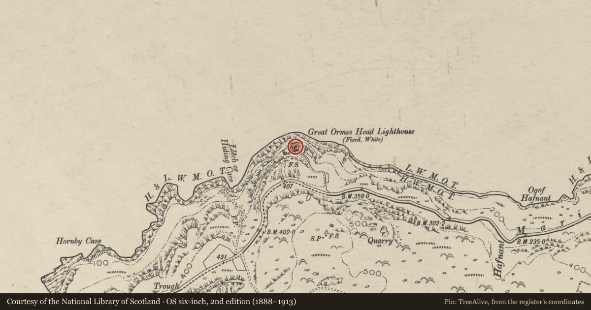 Ordnance Survey six-inch map, 2nd edition (1888–1913) covering the location of Great Ormes Head Lighthouse, Llandudno, Conwy, with a pin at the register's coordinates