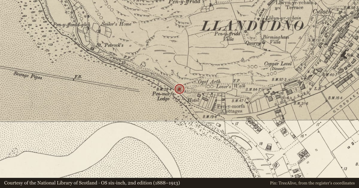 Ordnance Survey six-inch map, 2nd edition (1888–1913) covering the location of West Lodge, Llandudno, Conwy, with a pin at the register's coordinates