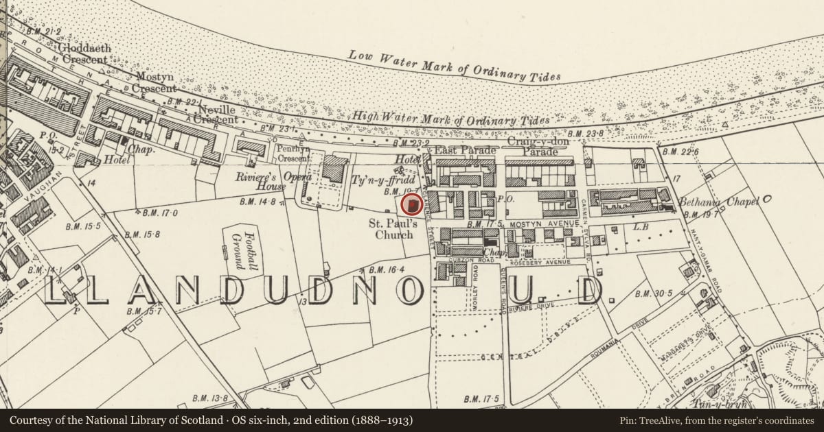 Ordnance Survey six-inch map, 2nd edition (1888–1913) covering the location of Church of St Paul, Llandudno, Conwy, with a pin at the register's coordinates