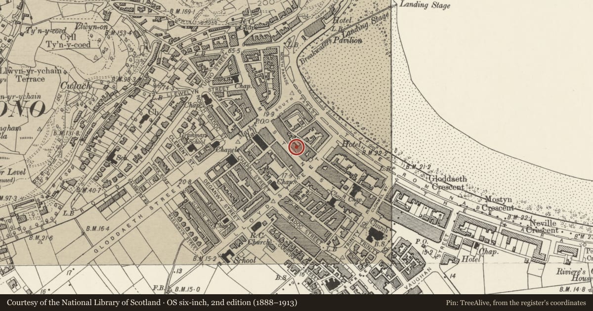 Ordnance Survey six-inch map, 2nd edition (1888–1913) covering the location of Part of Clare's, Llandudno, Conwy, with a pin at the register's coordinates