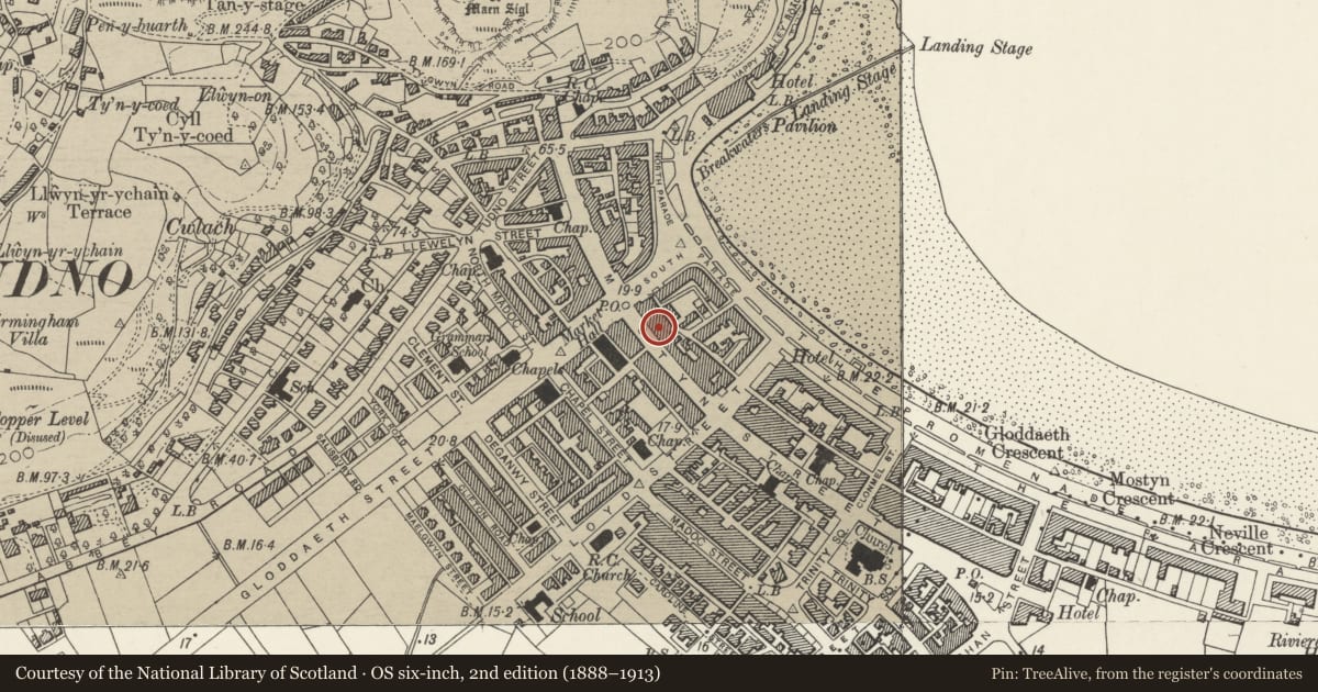 Ordnance Survey six-inch map, 2nd edition (1888–1913) covering the location of Tandy, Llandudno, Conwy, with a pin at the register's coordinates