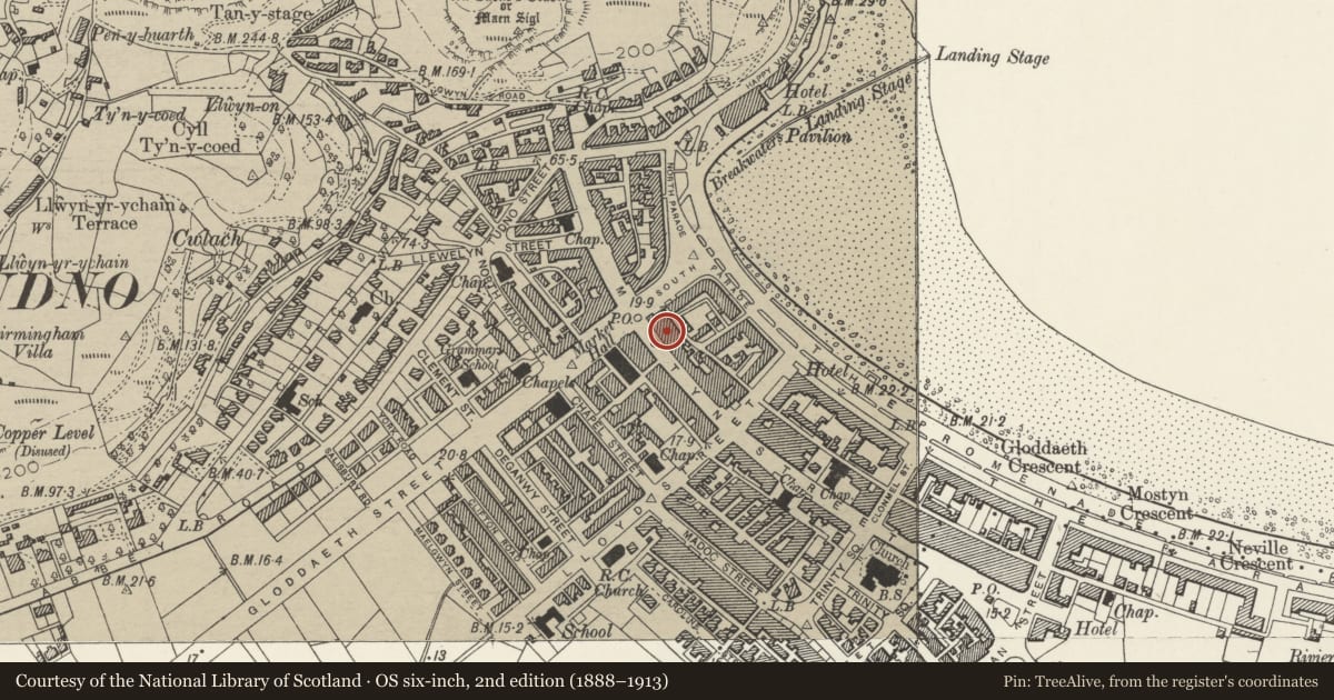 Ordnance Survey six-inch map, 2nd edition (1888–1913) covering the location of Woolworth's, Llandudno, Conwy, with a pin at the register's coordinates