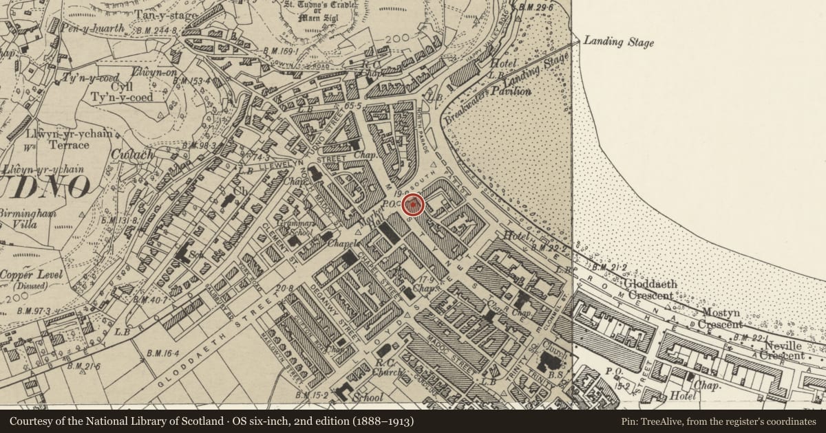 Ordnance Survey six-inch map, 2nd edition (1888–1913) covering the location of Carlton PH, Llandudno, Conwy, with a pin at the register's coordinates