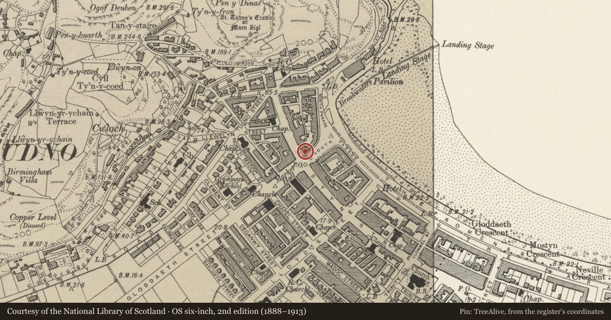 Ordnance Survey six-inch map, 2nd edition (1888–1913) covering the location of 121 Mostyn Street, including verandah, Llandudno, Conwy, with a pin at the register's coordinates