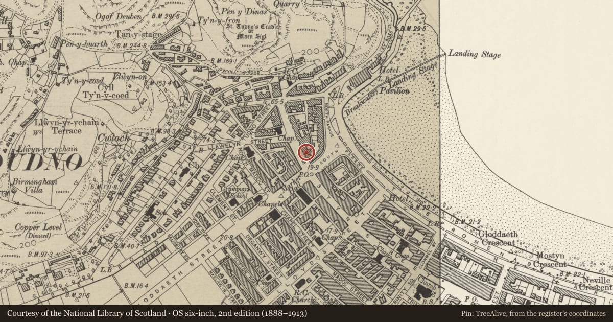 Ordnance Survey six-inch map, 2nd edition (1888–1913) covering the location of 127 Mostyn Street, Llandudno, Conwy, with a pin at the register's coordinates