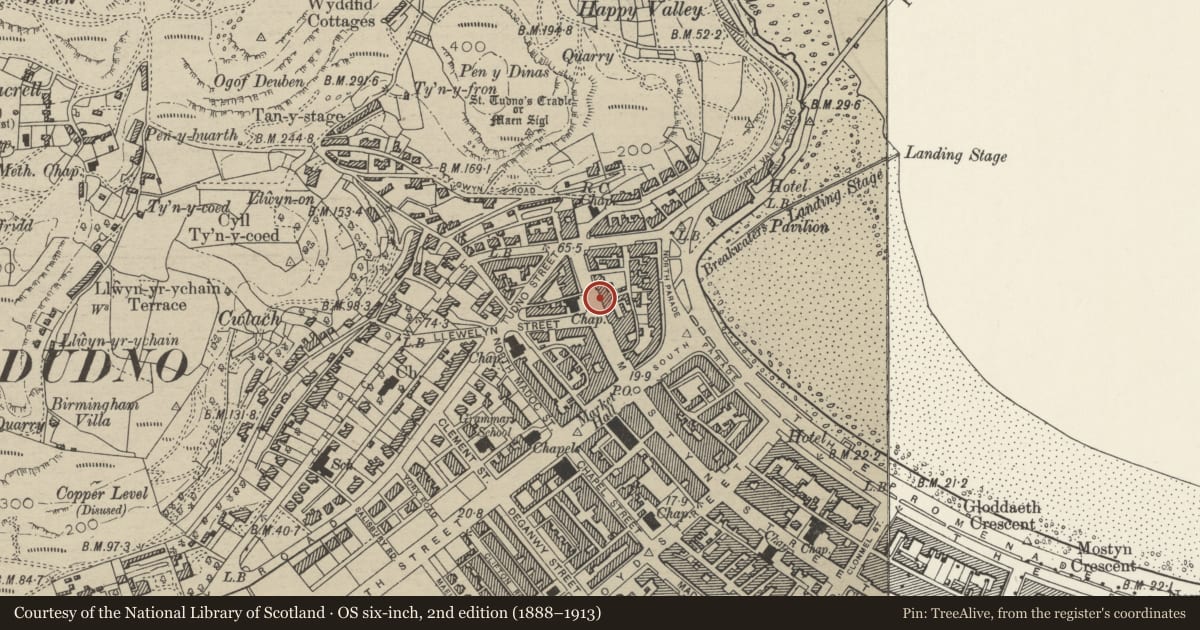 Ordnance Survey six-inch map, 2nd edition (1888–1913) covering the location of Free Standing Shop Sign Standard, Llandudno, Conwy, with a pin at the register's coordinates