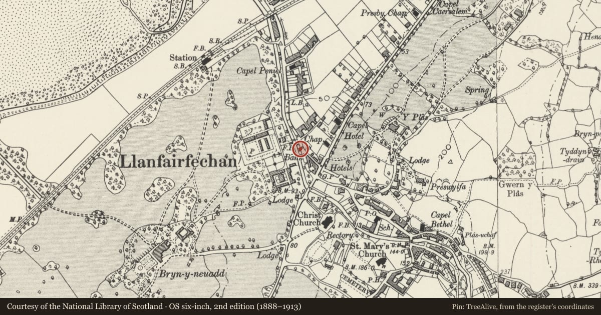 Ordnance Survey six-inch map, 2nd edition (1888–1913) covering the location of Paragon Electrical Shop, Llanfairfechan, Conwy, with a pin at the register's coordinates