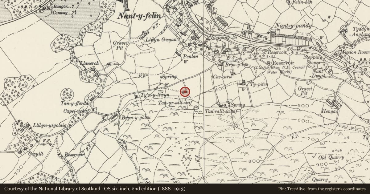 Ordnance Survey six-inch map, 2nd edition (1888–1913) covering the location of Tan yr Allt Isaf, Llanfairfechan, Conwy, with a pin at the register's coordinates