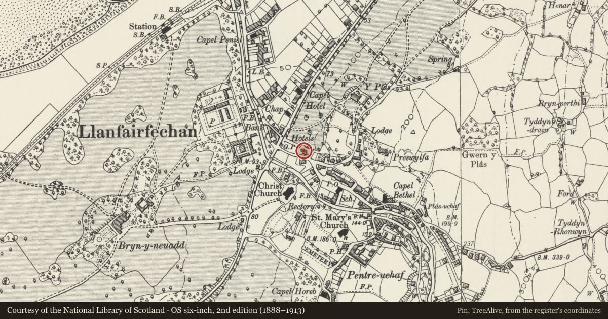 Ordnance Survey six-inch map, 2nd edition (1888–1913) covering the location of Plas Llanfair Cottage, Llanfairfechan, Conwy, with a pin at the register's coordinates
