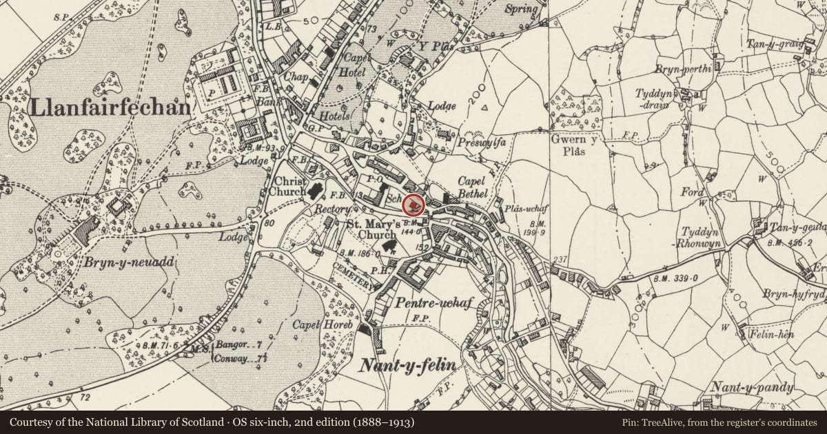 Ordnance Survey six-inch map, 2nd edition (1888–1913) covering the location of B & H Stores, Llanfairfechan, Conwy, with a pin at the register's coordinates