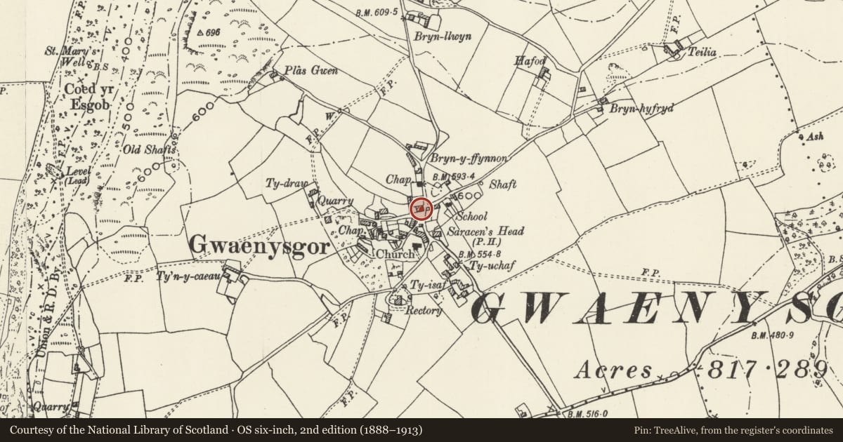 Ordnance Survey six-inch map, 2nd edition (1888–1913) covering the location of Telephone Call-box, Trelawnyd and Gwaenysgor, Flintshire, with a pin at the register's coordinates