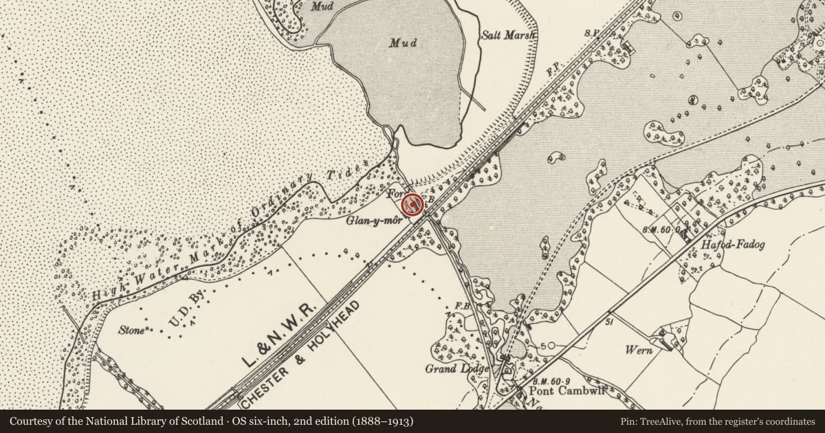 Ordnance Survey six-inch map, 2nd edition (1888–1913) covering the location of One of a pair of Cottages, Llanfairfechan, Conwy, with a pin at the register's coordinates