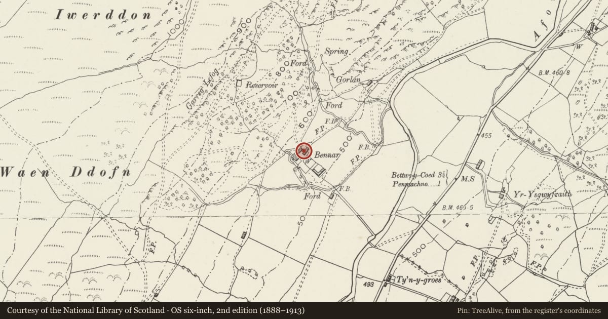 Ordnance Survey six-inch map, 2nd edition (1888–1913) covering the location of Benar Barn, Bro Machno, Conwy, with a pin at the register's coordinates