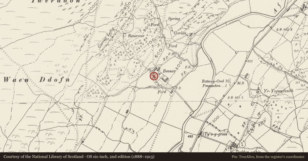 Ordnance Survey six-inch map, 2nd edition (1888–1913) covering the location of Privy at Benar, Bro Machno, Conwy, with a pin at the register's coordinates