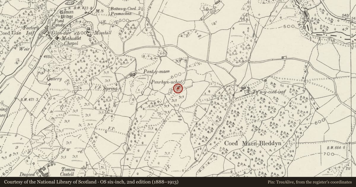 Ordnance Survey six-inch map, 2nd edition (1888–1913) covering the location of Field Barn at Penrhyn Uchaf, Bro Machno, Conwy, with a pin at the register's coordinates