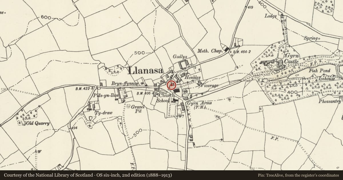 Ordnance Survey six-inch map, 2nd edition (1888–1913) covering the location of Telephone Call-box, Llanasa, Flintshire, with a pin at the register's coordinates