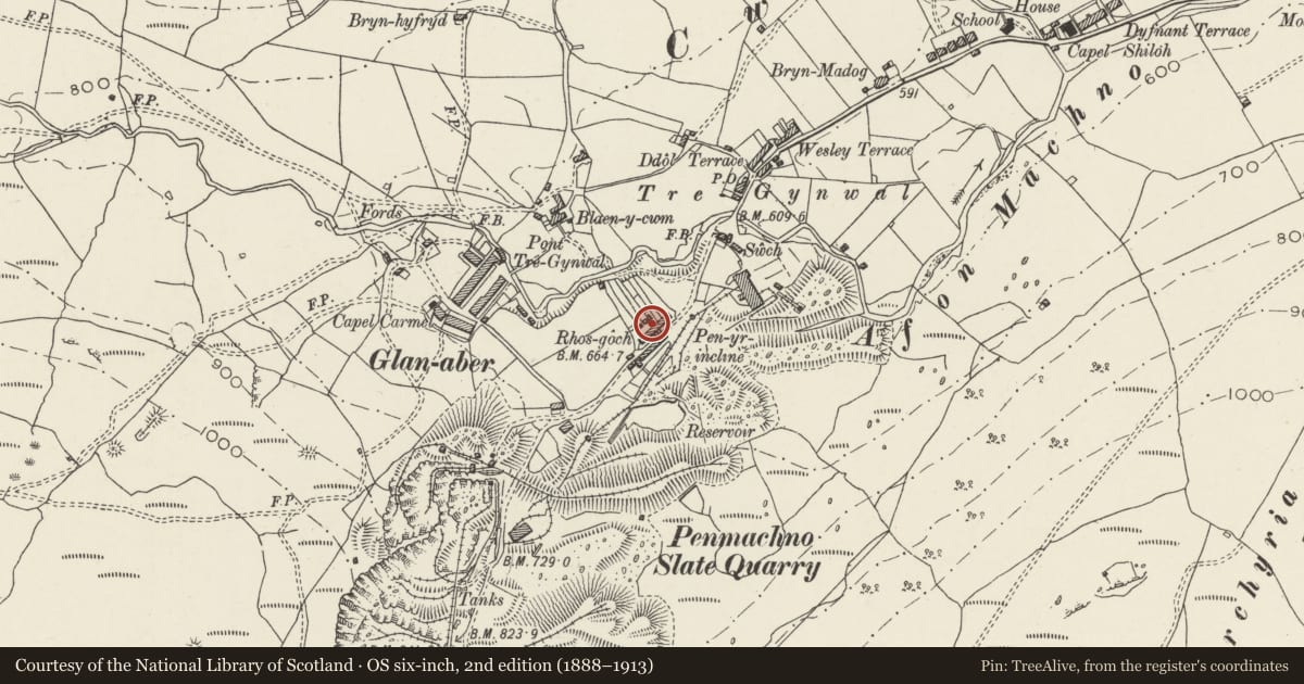 Ordnance Survey six-inch map, 2nd edition (1888–1913) covering the location of 4 Rhos Goch, Bro Machno, Conwy, with a pin at the register's coordinates
