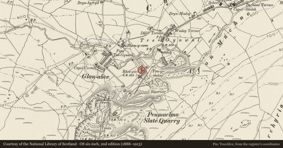 Ordnance Survey six-inch map, 2nd edition (1888–1913) covering the location of 6 Rhos Goch, Bro Machno, Conwy, with a pin at the register's coordinates
