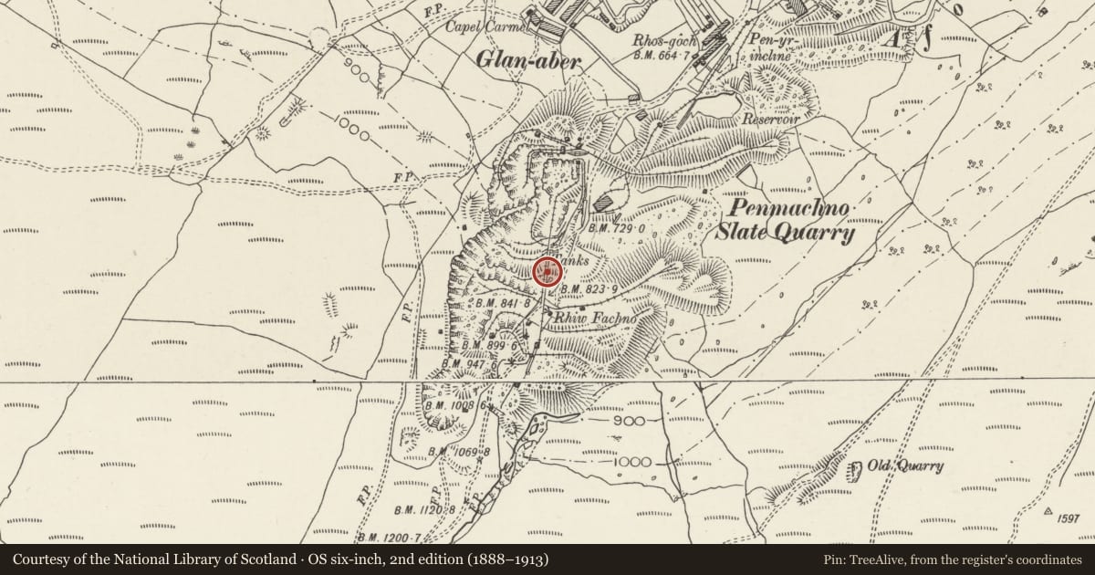 Ordnance Survey six-inch map, 2nd edition (1888–1913) covering the location of Quarry Incline at Cwm Penmachno (Lower Part), Bro Machno, Conwy, with a pin at the register's coordinates