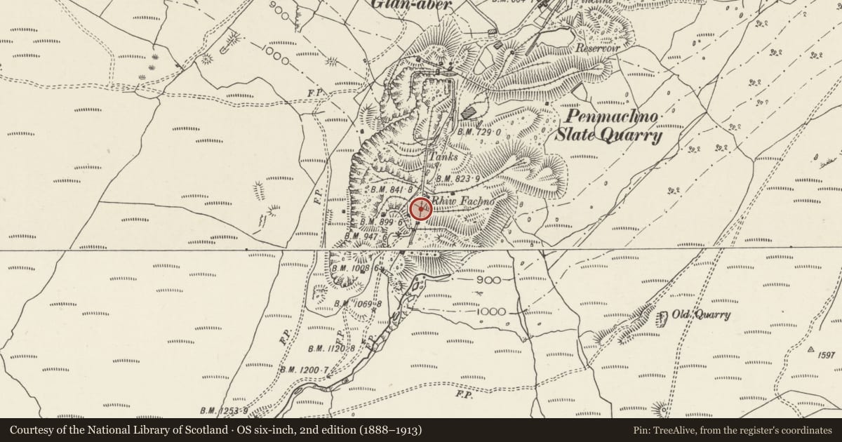 Ordnance Survey six-inch map, 2nd edition (1888–1913) covering the location of Quarry Incline at Cwm Penmachno (upper part), Bro Machno, Conwy, with a pin at the register's coordinates