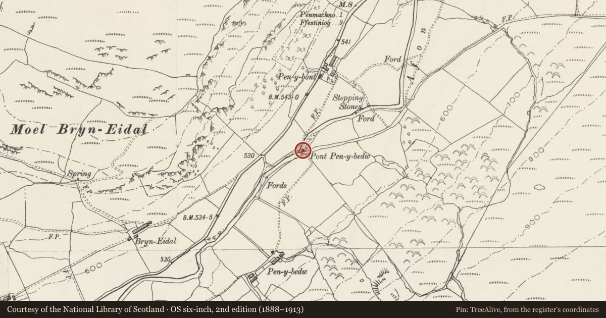 Ordnance Survey six-inch map, 2nd edition (1888–1913) covering the location of Pont Pen-Y-Bedw, Bro Machno, Conwy, with a pin at the register's coordinates