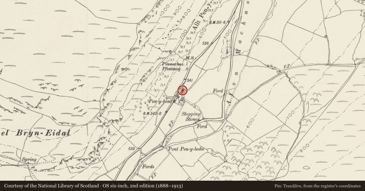 Ordnance Survey six-inch map, 2nd edition (1888–1913) covering the location of Haybarn at Pen-Y-Bont Farm, Bro Machno, Conwy, with a pin at the register's coordinates