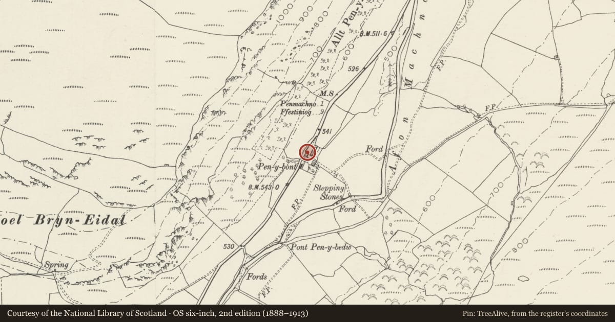 Ordnance Survey six-inch map, 2nd edition (1888–1913) covering the location of Barn/Cowhouse Range at Pen-Y-Bont Farm, Bro Machno, Conwy, with a pin at the register's coordinates