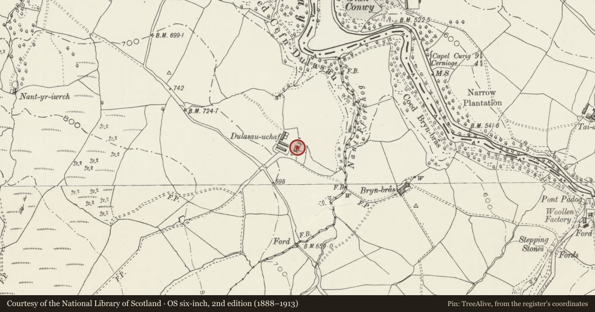 Ordnance Survey six-inch map, 2nd edition (1888–1913) covering the location of Dylysau Uchaf, Bro Machno, Conwy, with a pin at the register's coordinates