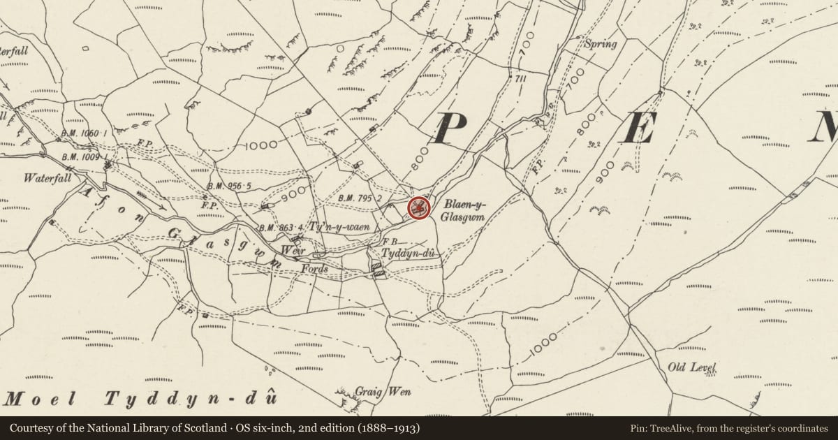 Ordnance Survey six-inch map, 2nd edition (1888–1913) covering the location of Blaen Glasgwm Uchaf, Bro Machno, Conwy, with a pin at the register's coordinates