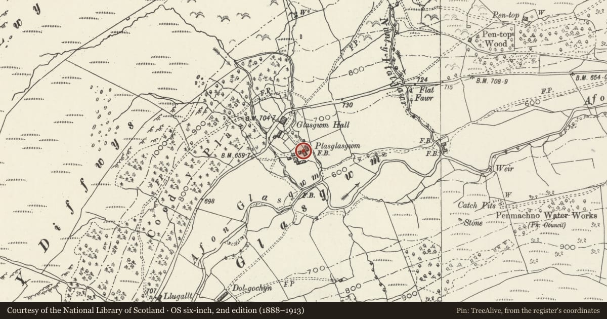 Ordnance Survey six-inch map, 2nd edition (1888–1913) covering the location of Barn at Plas Glasgwm, Bro Machno, Conwy, with a pin at the register's coordinates
