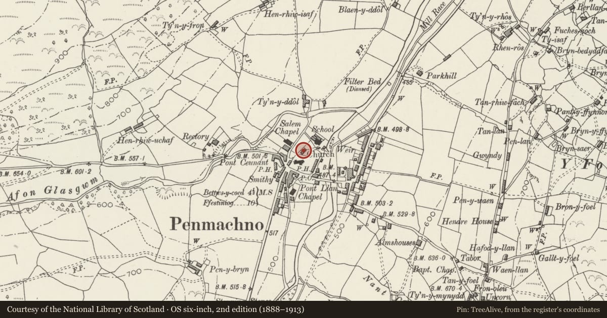 Ordnance Survey six-inch map, 2nd edition (1888–1913) covering the location of 2 Church View, Bro Machno, Conwy, with a pin at the register's coordinates