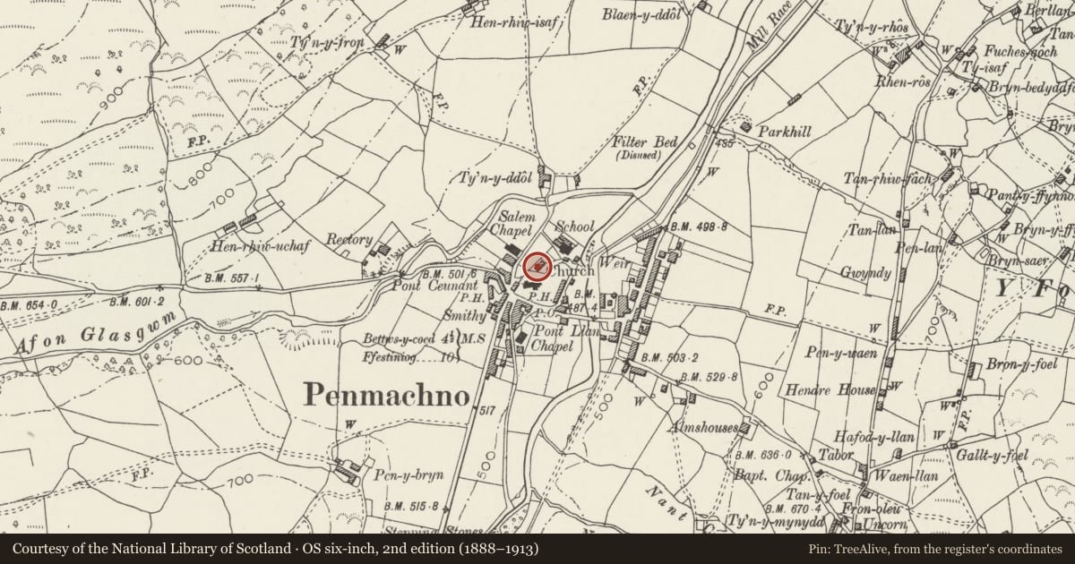 Ordnance Survey six-inch map, 2nd edition (1888–1913) covering the location of 3 Church View, Bro Machno, Conwy, with a pin at the register's coordinates