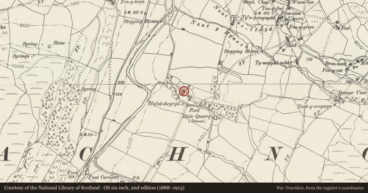Ordnance Survey six-inch map, 2nd edition (1888–1913) covering the location of Hafod-Dwyryd, Bro Machno, Conwy, with a pin at the register's coordinates
