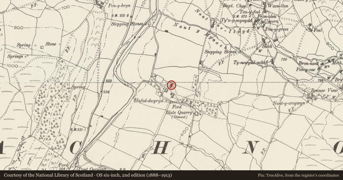 Ordnance Survey six-inch map, 2nd edition (1888–1913) covering the location of Hafod-Dwyryd Barn, Bro Machno, Conwy, with a pin at the register's coordinates