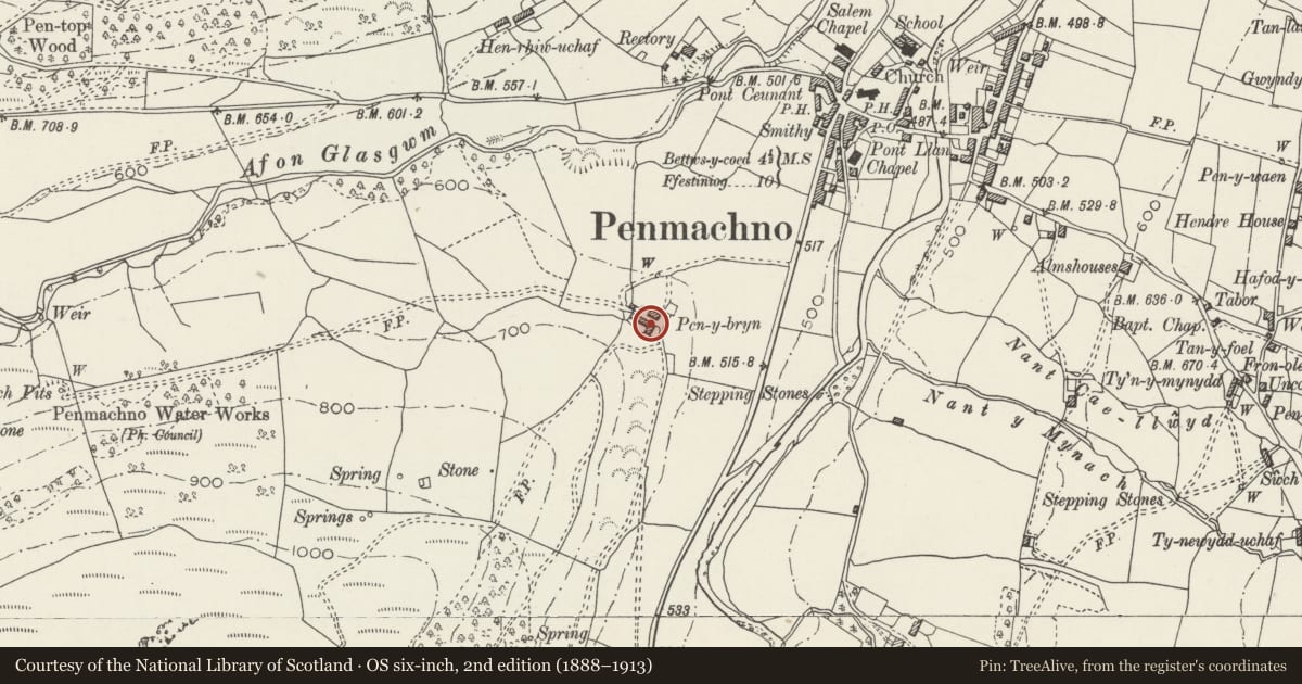 Ordnance Survey six-inch map, 2nd edition (1888–1913) covering the location of Pen-y-Bryn Farmhouse & attached Agricultural Range, Bro Machno, Conwy, with a pin at the register's coordinates