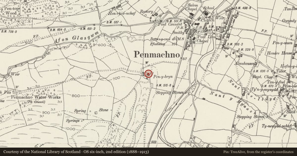 Ordnance Survey six-inch map, 2nd edition (1888–1913) covering the location of Pen-y-Bryn Barn, Bro Machno, Conwy, with a pin at the register's coordinates