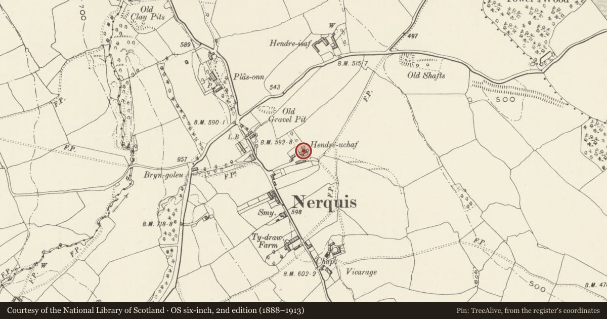 Ordnance Survey six-inch map, 2nd edition (1888–1913) covering the location of Plas Hendre, Nercwys, Flintshire, with a pin at the register's coordinates