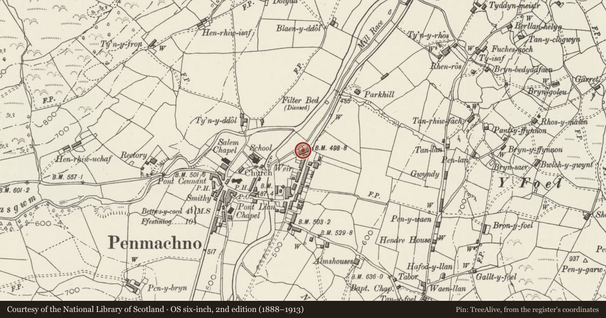 Ordnance Survey six-inch map, 2nd edition (1888–1913) covering the location of 5 Glan-y-Pwll, Bro Machno, Conwy, with a pin at the register's coordinates