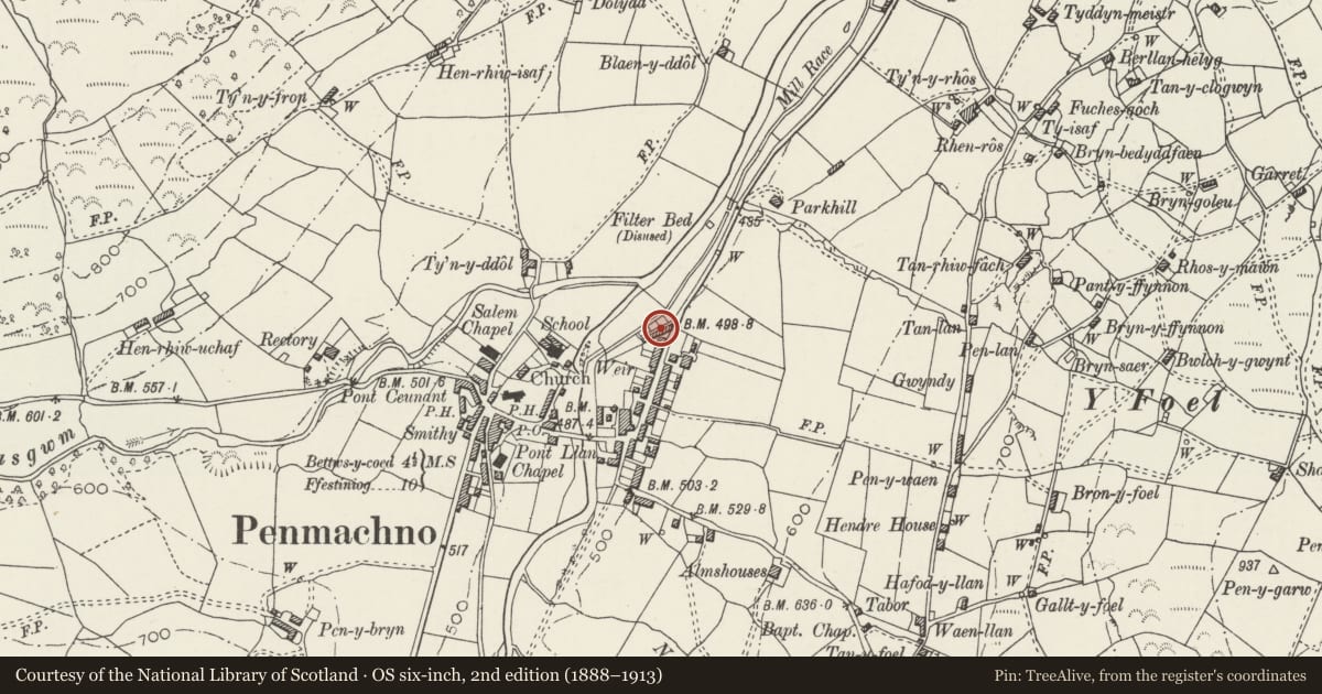 Ordnance Survey six-inch map, 2nd edition (1888–1913) covering the location of 4 Glan-y-Pwll, Bro Machno, Conwy, with a pin at the register's coordinates