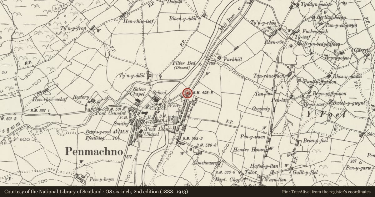 Ordnance Survey six-inch map, 2nd edition (1888–1913) covering the location of 3 Glan-y-Pwll, Bro Machno, Conwy, with a pin at the register's coordinates