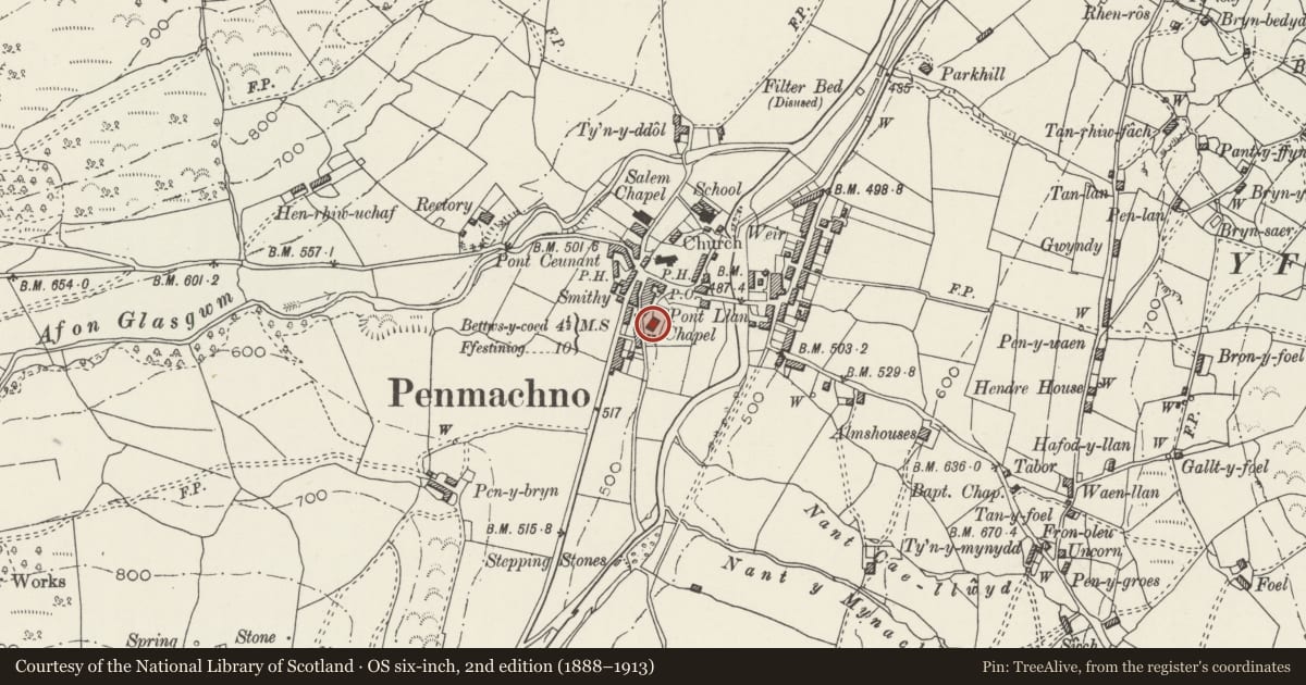 Ordnance Survey six-inch map, 2nd edition (1888–1913) covering the location of Bethania Chapel, Bro Machno, Conwy, with a pin at the register's coordinates