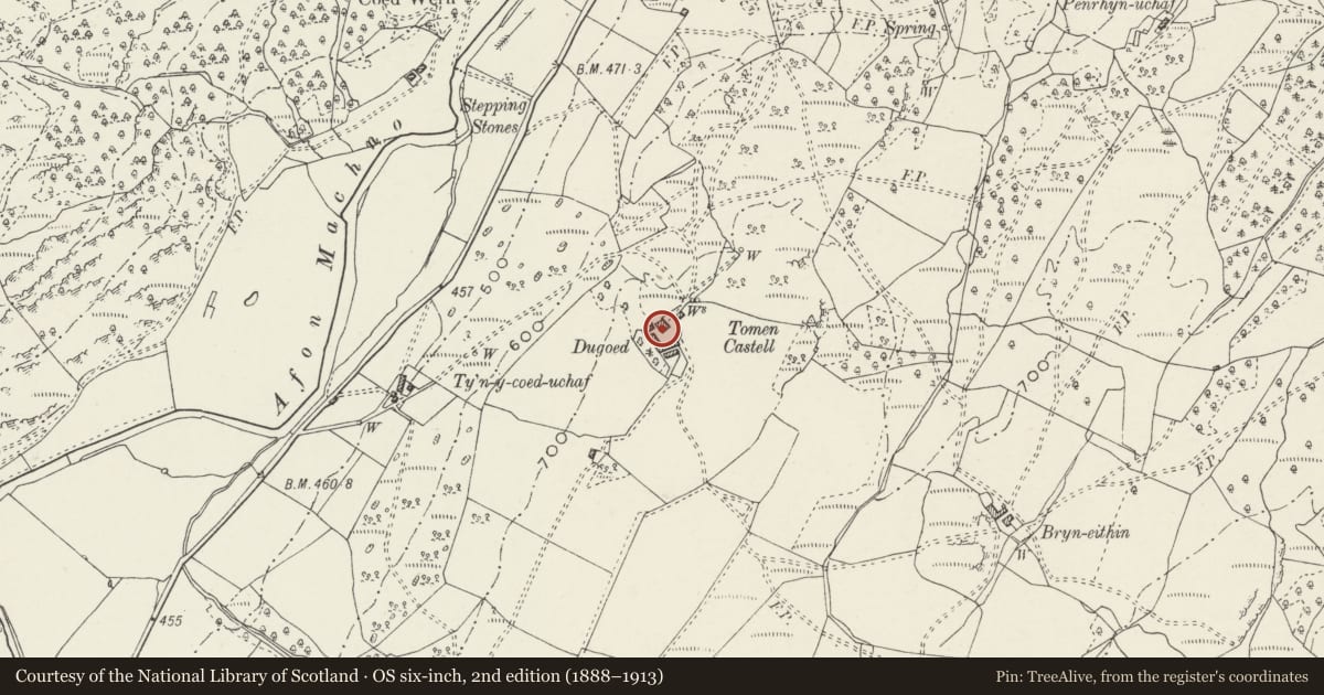 Ordnance Survey six-inch map, 2nd edition (1888–1913) covering the location of Dugoed, Bro Machno, Conwy, with a pin at the register's coordinates