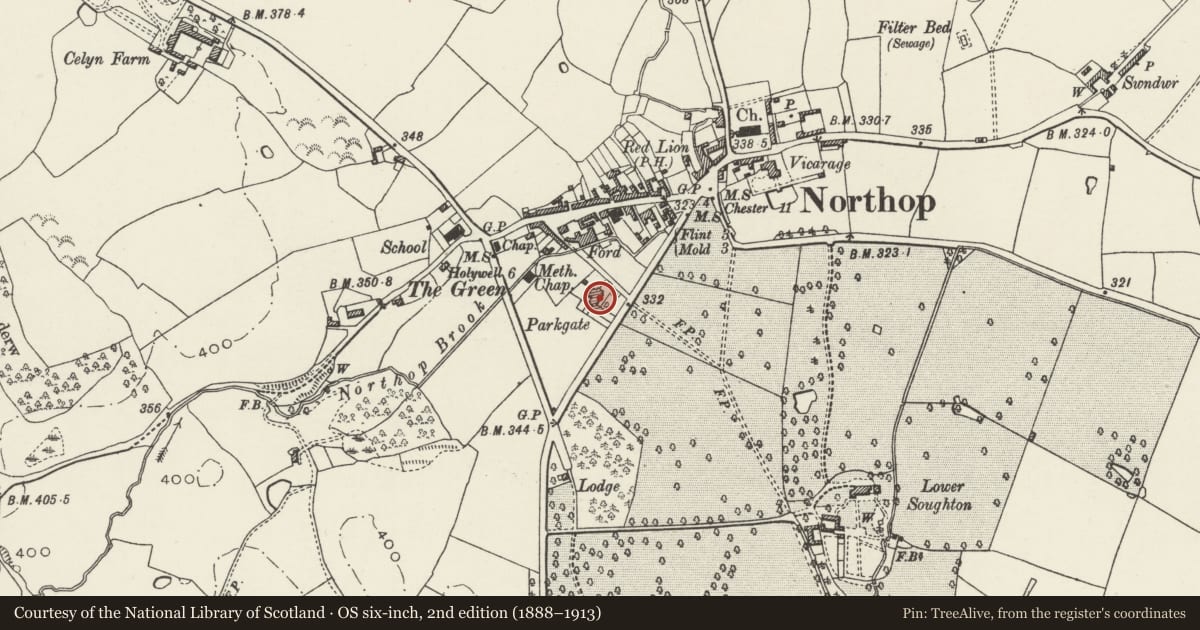 Ordnance Survey six-inch map, 2nd edition (1888–1913) covering the location of Parkgate Farm Farmhouse and attached Shippon, Northop, Flintshire, with a pin at the register's coordinates