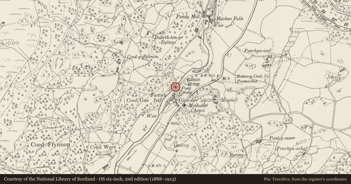 Ordnance Survey six-inch map, 2nd edition (1888–1913) covering the location of Pont y Pandy, Bro Machno, Conwy, with a pin at the register's coordinates